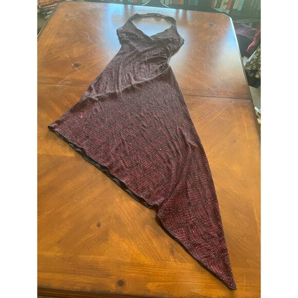 Vintage Hourglass Red& Black Sparkle Knit Asymmetrical Bodycon Halter Dress - Picture 8 of 10